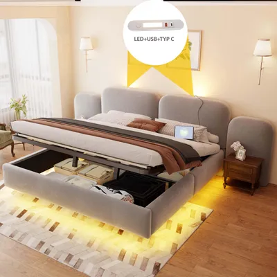 Produktbild von Flieks Hydraulisches Polsterbett 180x200cm mit Usb und Typ C, Doppelbett Stauraumbett mit Nachtlicht und Led, Funktionsbett Samt, Grau