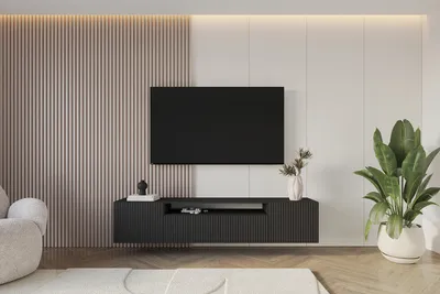 Produktbild von ALTDECOR TV-Schrank NOA-2-W mit Gefrästen Fronten 200x40x41 Lowboard hängend, TV Möbel, TV Cabinet, Fernsehtisch, Fernsehschrank, TV Kommode, TV Tisch, TV Sideboard, TV Board - Schwarz