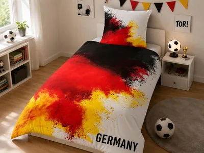 Produktbild von Deutschland Fußball Fan Bettwäsche Germany, 80x80 + 135x200cm, 100% Baumwolle Renforcé mit RV, KI-generiertes Bild
