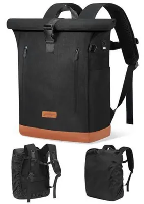 Produktbild von Rolltop Rucksack 24-30L Laptoprucksack 17 Zoll USB Wasserabweisend Regenhülle Schwarz Braun