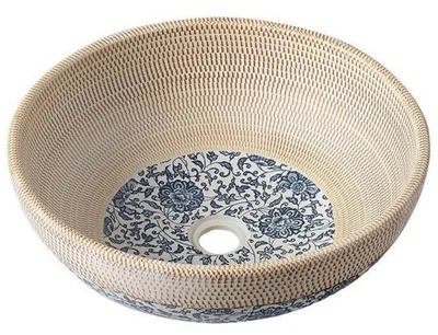 Produktbild von Waschschale, Hand-Waschbecken, rund, Keramik Waschtisch, PRIORI, beige, mit blauem Blumen-Motiv 42 cm