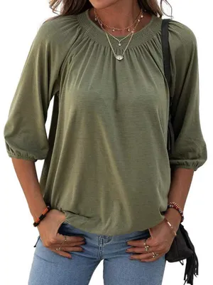 Produktbild von Damen-T-Shirt-Bluse mit Rundhalsausschnitt,einfarbig,aus Baumwolle,halblang,3/4-Ärmel,lässig,locker,plissiert,Basic-Top
