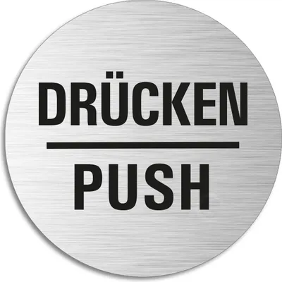 Produktbild von Schild - Drücken Push| Türschild aus Aluminium | Edelstahloptik selbstklebend  Ø 75 mm