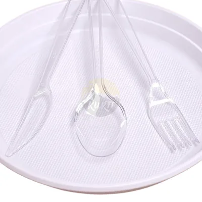 Produktbild von KURTT - Wiederverwendbares Besteckset - 100x Messer 100x Gabeln 100x Löffel - 300 Stück - Besteckset transparent 19 cm - Besteck