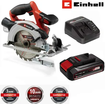 A collage of a circular saw, its battery, and charger, along with warranty badges.