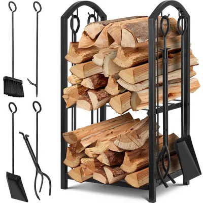 Immagine prodotto di KESSER® Set da 5 pezzi: porta legna per camino, porta legna, scaffale per legna da ardere, per interni ed esterni, in metallo, a 2 ripiani con 4 attrezzi per camino e stufa, acciaio, 40x30x74,5 cm, regolabile