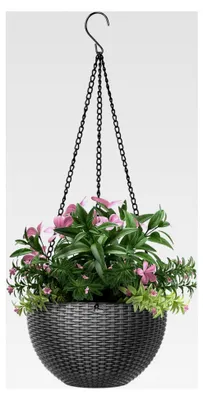 Produktbild von Blumenampel, 1 Stück Hängender Blumentopf aus Kunststoff mit Kette und Abflussloch für Innen- und Außenbereich, Grau