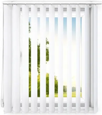 A white vertical blind is shown covering a window with a view of trees and sky.