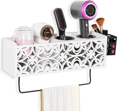 Image de Support mural pour sèche-cheveux vintage en bois blanc, 2 supports, salle de bain