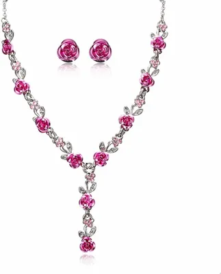Image de Ensemble de bijoux "Rose", comprenant un collier et des boucles d'oreilles, en cristal, pour femmes et filles