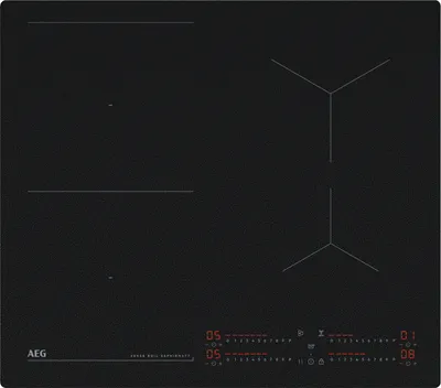 A top-down view of a black induction hob with cooking zones and digital controls.