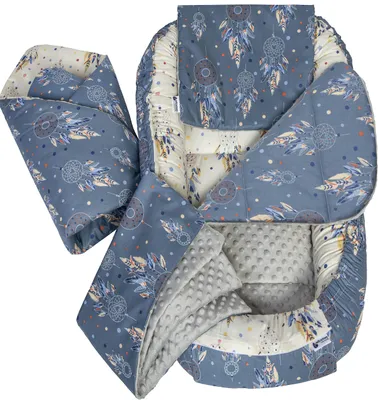 Image de Ensemble 5 pièces : nid pour bébé, couverture pour bébé, coussin à emboîter, nid douillet, couverture enveloppante, 100 % coton, 100 x 60 x 15 cm, avec un capteur de rêves en minky gris