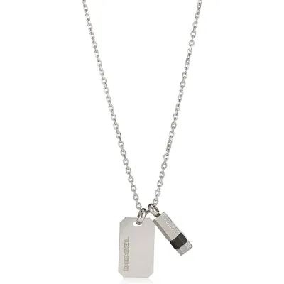 A silver necklace with two pendants, one rectangular and one cylindrical, against a white background.
