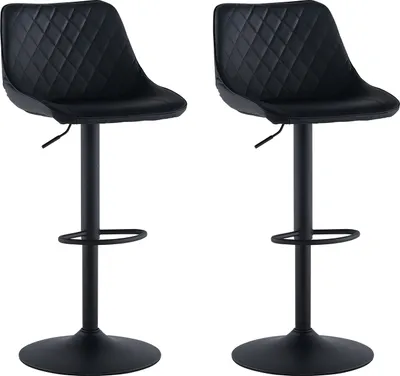 Two black bar stools are shown against a white background.
