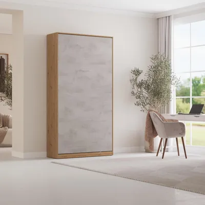 Produktbild von Schrankbett Klappbet 100x200  Vertikal Wildeiche/Beton  mit Taschenfedernkernmatratze