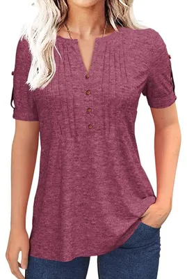 Produktbild von Damen-T-Shirt, Knopfleiste, V-Ausschnitt, einfarbiges Freizeittop