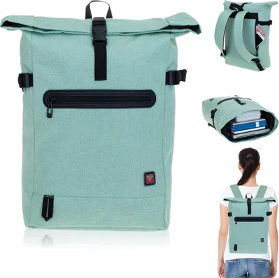 Produktbild von Rucksack Kurierrucksack Freizeitrucksack Damen Mädchen Elephant AllDay Laptoprucksack Fahrradrucksack Reise Sport Büro Tasche Handgepäck A4 Large 12962 Pastell Mint Grün + Trinkflasche
