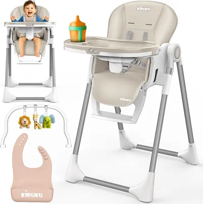 Produktbild von KIDUKU® Hochstuhl Baby 3in1 mit Neugeborenenaufsatz + Lätzchen, Spielbogen & Tisch | Kinderhochstuhl klappbar mit Liegefunktion | Kombihochstuhl höhenverstellbar | Babystuhl mitwachsend 0-36 Monate