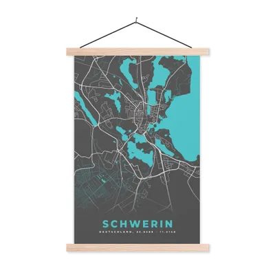 Produktbild von MuchoWow® Textilposter Deutschland - Blau - Schwerin - Stadtplan - Karte 120x180 cm mit holzfarbenen Rahmen - Textil-Plakat