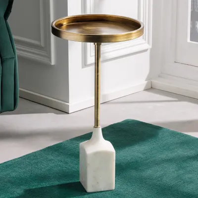 Produktbild von Beistelltisch TRAYFUL 55cm antik gold weißer Marmorfuß rund