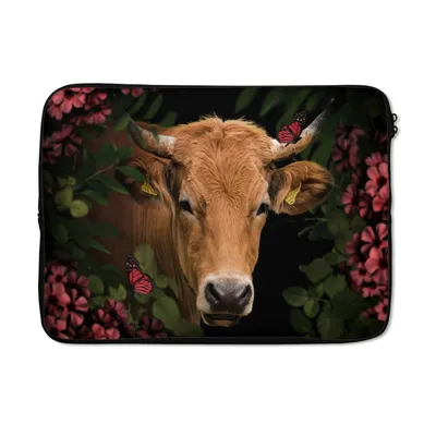 Produktbild von MuchoWow® Laptop Hülle 13 Zoll Kuh - Blumen - Tiere - Braun Laptoptasche - Laptophülle - Sleeve - Rundumschutz