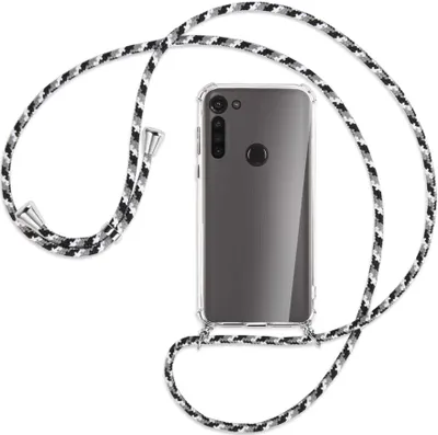 Produktbild von Handykette Backcover-Schutzhülle mit Band (Metall silberfarben) für Motorola Moto G8 - schwarz/grau/weiß