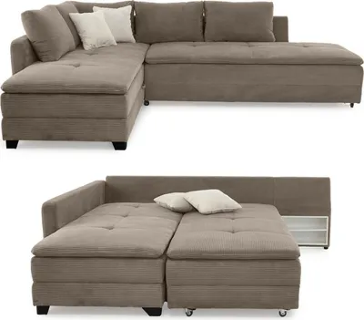 Produktbild von Federkern Ecksofa Doppelbett Dauerschläfer Bettkasten Couch in Cord Braun Taupe / 15162