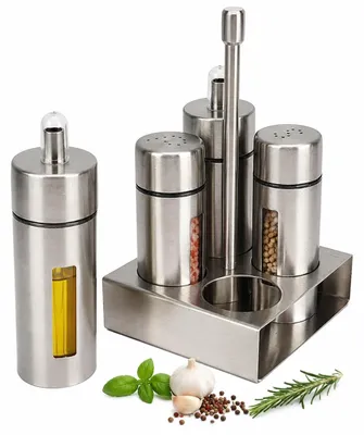 Image de Ensemble de pots à sel et à poivre en acier inoxydable, avec base