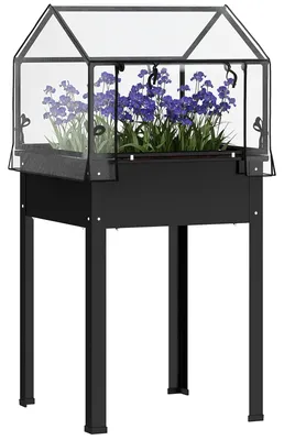 Produktbild von Hochbeet mit Gewächshaus-Dach, Erhöhte Pflanzenbox mit Ablauflöchern, 60 x 60 x 120 cm, Schwarz