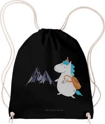 Produktbild von Mr. & Mrs. Panda Säckchen Einhorn Bergsteiger - Schwarz - Geschenk, wander rucksack, festival tasche, Urlaub, Jutebeutel, Berge, Einhörner, gym, Stoffbeutel, beutel
