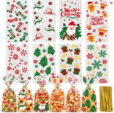 Produktbild von Weihnachtliche Zellophanbeutel 14 Stück, 12,5 x 27,5 cm – Geschenkbeutel mit goldenen Verschlussdrähten