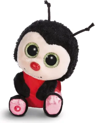 A plush ladybug toy is sitting and facing forward against a white background.
