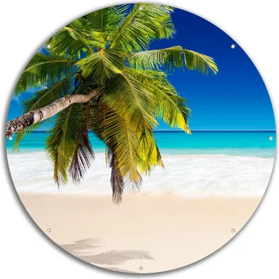 Produktbild von Wallario rundes Outdoor-Poster für Garten oder Balkon, Motiv Südseestrand in der Karibik mit Palme, 60 cm Durchmesser