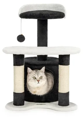 Produktbild von lionto Kratz- & Spielbaum, 65 cm stabiler Katzenbaum mit Sisalstämmen, Plüschhöhle & Spielball, ideal für kleine Katzen, schwarz/weiß