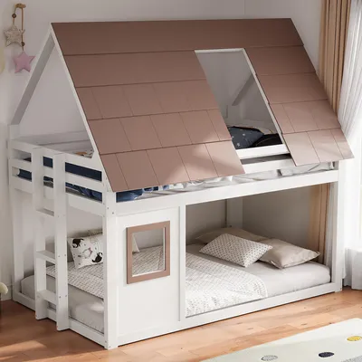 Produktbild von Etagenbett 140x200 cm in Hausform mit Dach, Leiter und Rausfallschutz, Kinderbett aus Massivholz und MDF, Weiß/Braun