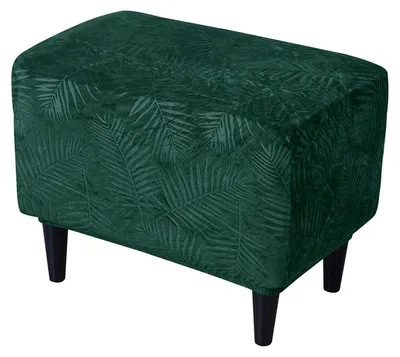 Produktbild von Hockerbezug / Poufbezug für Fußhocker und Pouf – Dunkelgrün, Premium Velours, geprägtes Palmenblatt-Muster, weich, elastisch, passgenauer Schutzbezug