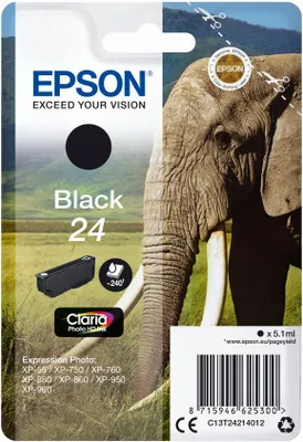 Produktbild von Epson Elephant Singlepack Black 24 Claria Photo HD Ink, Standardertrag, Schwarz, Tinte auf Pigmentbasis, 5,1 ml, 1 Stück(e), 240 Seiten