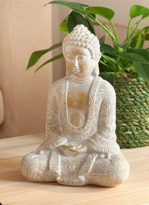 Produktbild von Dekofigur Buddha "Ruhe" aus Polyresin, weiß gekalkt, Buddhafigur, Figur meditierend