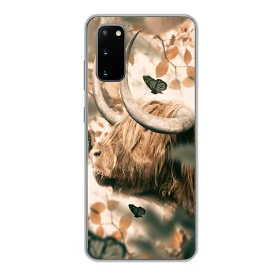 Produktbild von MuchoWow® Handyhülle Schutzhülle Hülle für Samsung Galaxy S20 Schottische Highlander - Schmetterlinge - Blätter Silikon Softcase Handy Hülle - Bild