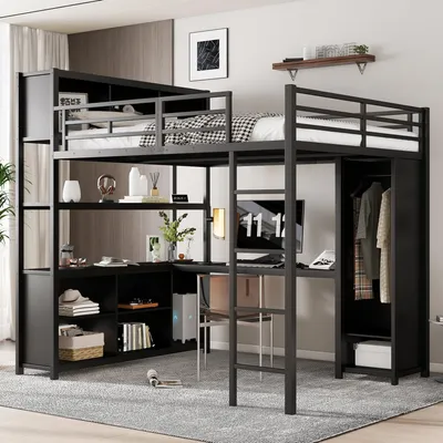 A loft bed with a desk and wardrobe, set up in a room.