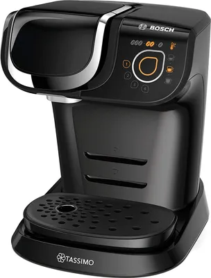 A black Tassimo coffee machine is shown from a front-facing angle against a white background.
