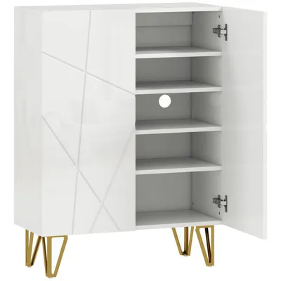 A white shoe cabinet with gold legs is shown with its doors open, revealing shelves inside.