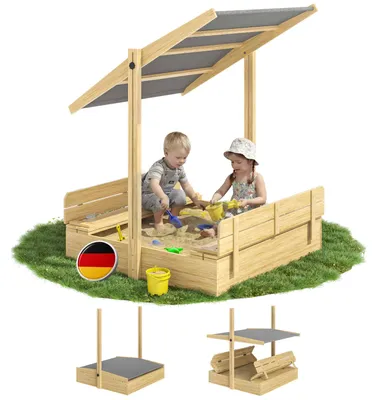 Image de SPIELWERK® Bac à sable en bois TONI 120x120cm tapis de sol toit réglable protection UV 50+ jeu pour enfants extérieur jardin