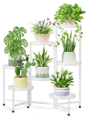 Productafbeelding van Grote metalen plantenstandaard met 7 niveaus, bloemenstandaard, plantenrek, bloemenrek voor binnen en buiten, inklapbaar plantenrek voor binnen, tuin, balkon, woonkamer (rond, zwart)