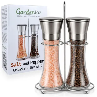 Image de Gardenko Lot de 2 Moulins à Sel et Poivre avec Support, Verre et Inox, Meule Céramique Réglable, Grain Fin à Gros, Manuel, Hauteur 19 cm