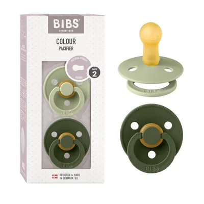 Produktbild von BIBS Colour Schnuller 2er-Pack, BPA-frei, Kirschform Nippel. Naturkautschuk / Latex, Hergestellt in Dänemark. Größe 2 (6-18 Monate), Sage / Hunter Green