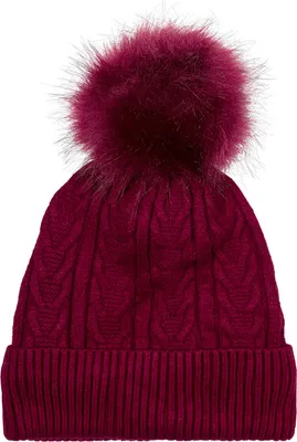 Produktbild von styleBREAKER Damen Feinstrick Bommelmütze mit Zopfmuster, Kunstfell Bommel Mütze, gefütterte Winter Strickmütze 04024100