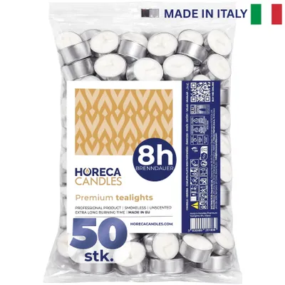 Produktbild von Horeca Candles 50 Teelichter Weiß - 8 Std. Lange Brenndauer, Unbeduftet, Paraffinwachs - Für Gastronomie, Hochzeit, Geburtstag, Weihnachten, Deko, Spa