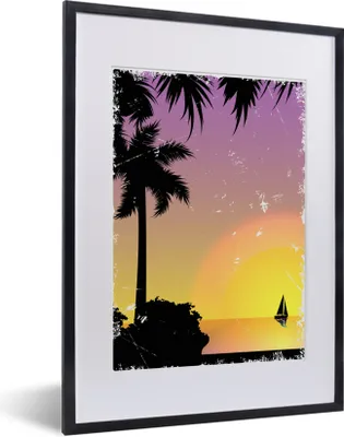 Produktbild von MuchoWow® MuchoWow® Gerahmtes Poster Boot - Segeln - Palme - Nacht 30x40 cm - Poster mit zchwarzem Bilderrahmen - Wandposter Schlafzimmer