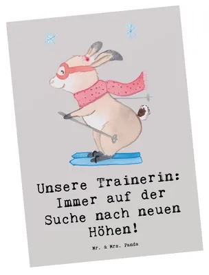 Produktbild von Mr. & Mrs. Panda Postkarte Skispringen Trainerin - Grau Pastell - Geschenk, Danksagung, Ansichtskarten, Postkarten, Grußkarte, Athleten Unterstützung, Motivation